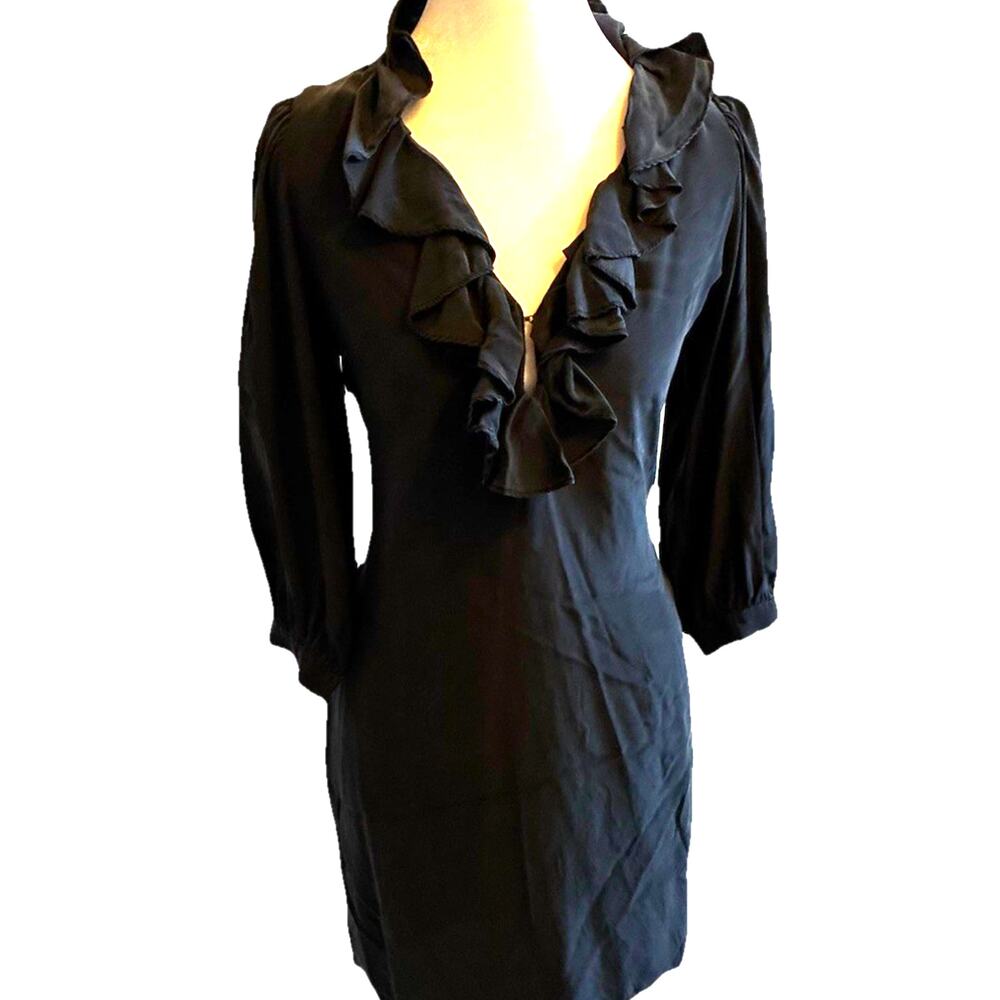 VTG 90s Black Silk Dress Ruffle Collar Whimsygoth Steampunk Vamp Dark Fairy S